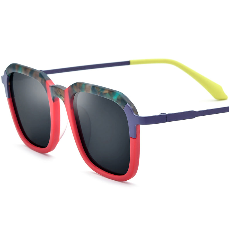 Matte Acetate Titanium Square Sunglasses - Matte Red Gray Lens - MCROONS