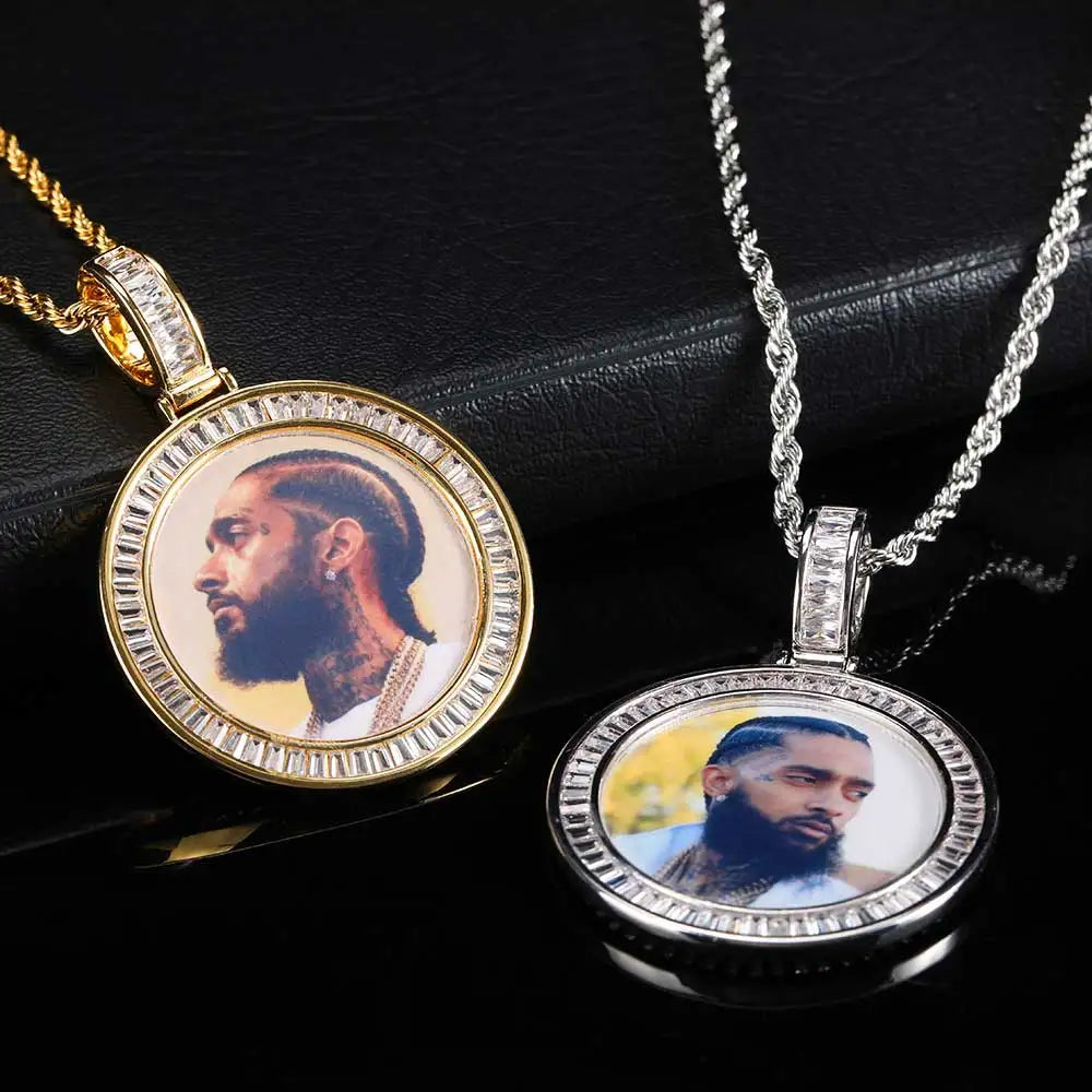 Hip Hop Jewelry CZ Custom Free Rope Chain round Picture Pendant Custom Baguette Diamond Photo Pendants