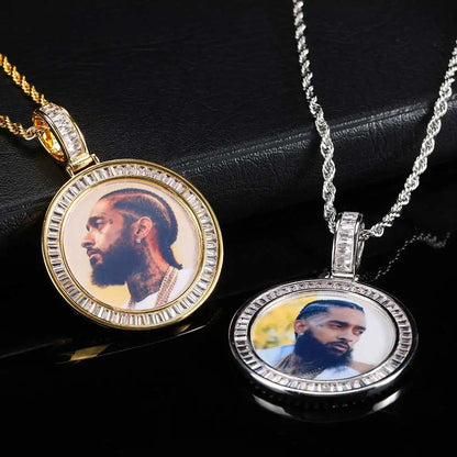Hip Hop Jewelry CZ Custom Free Rope Chain round Picture Pendant Custom Baguette Diamond Photo Pendants