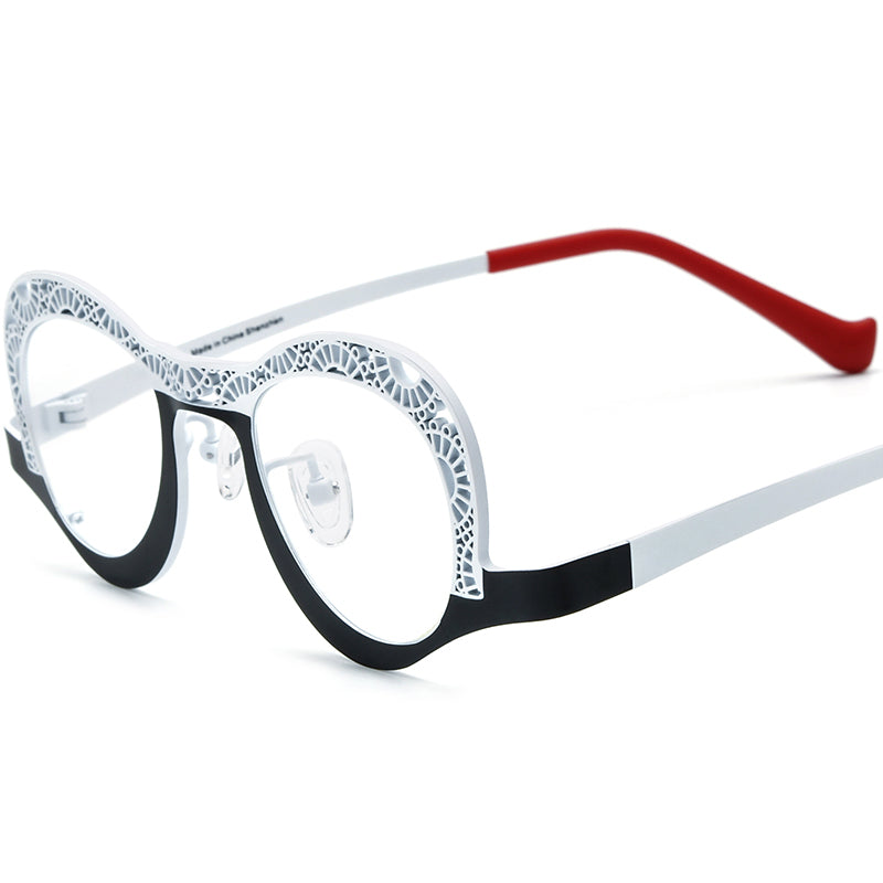 Matte Titanium Small Cat Eye Optical Glasses Hollow-Out - Matte Black White - MCROONS
