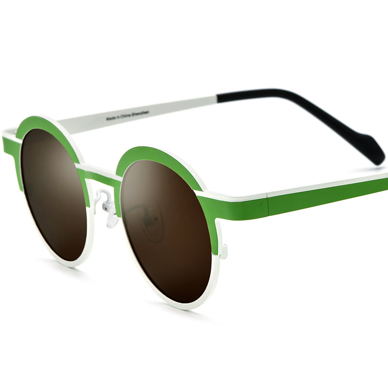 Colourful Titanium Round Polarised Sunglasses - Green White Brown Lens - MCROONS