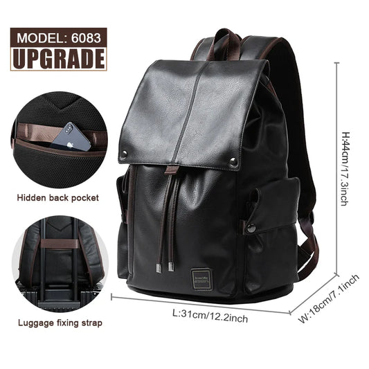 Custom Logo PU Leather Laptop Backpack Black Leather Bags Men Business Laptop Backpack for Men