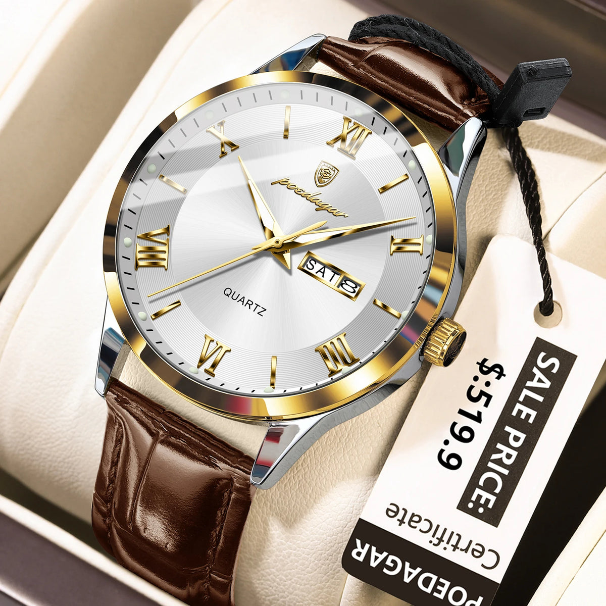 Poedagar 978 Men's Luxury Quartz Watch – Leather Strap, Waterproof, Luminous, Date