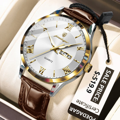 Poedagar 978 Men's Luxury Quartz Watch – Leather Strap, Waterproof, Luminous, Date