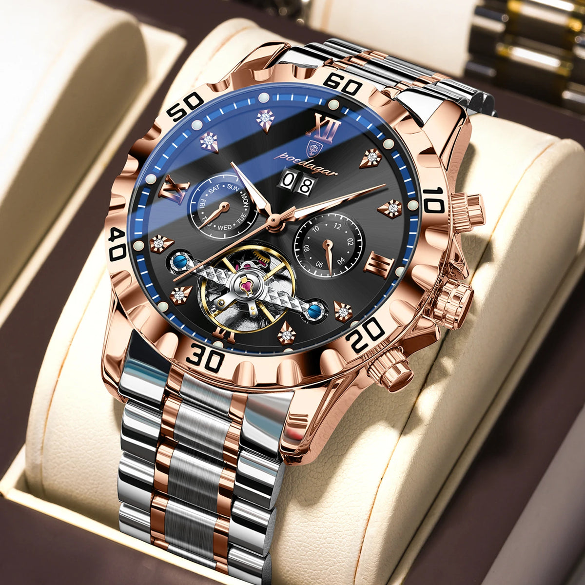 Poedagar 1418 Men's Luxury Automatic Mechanical Watch – Stainless Steel Band, Waterproof, Luminous, Date