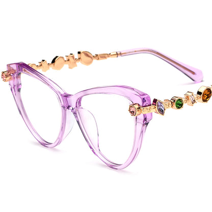 Luxury Cat Eye Acetate Optical Glasses Frame with Gem Trim - Purple - MCROONS