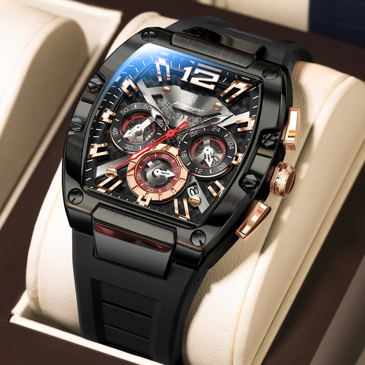 Poedagar 9051 Men's Luxury Chronograph Quartz Watch – Silicone Strap, Waterproof, Luminous, Date