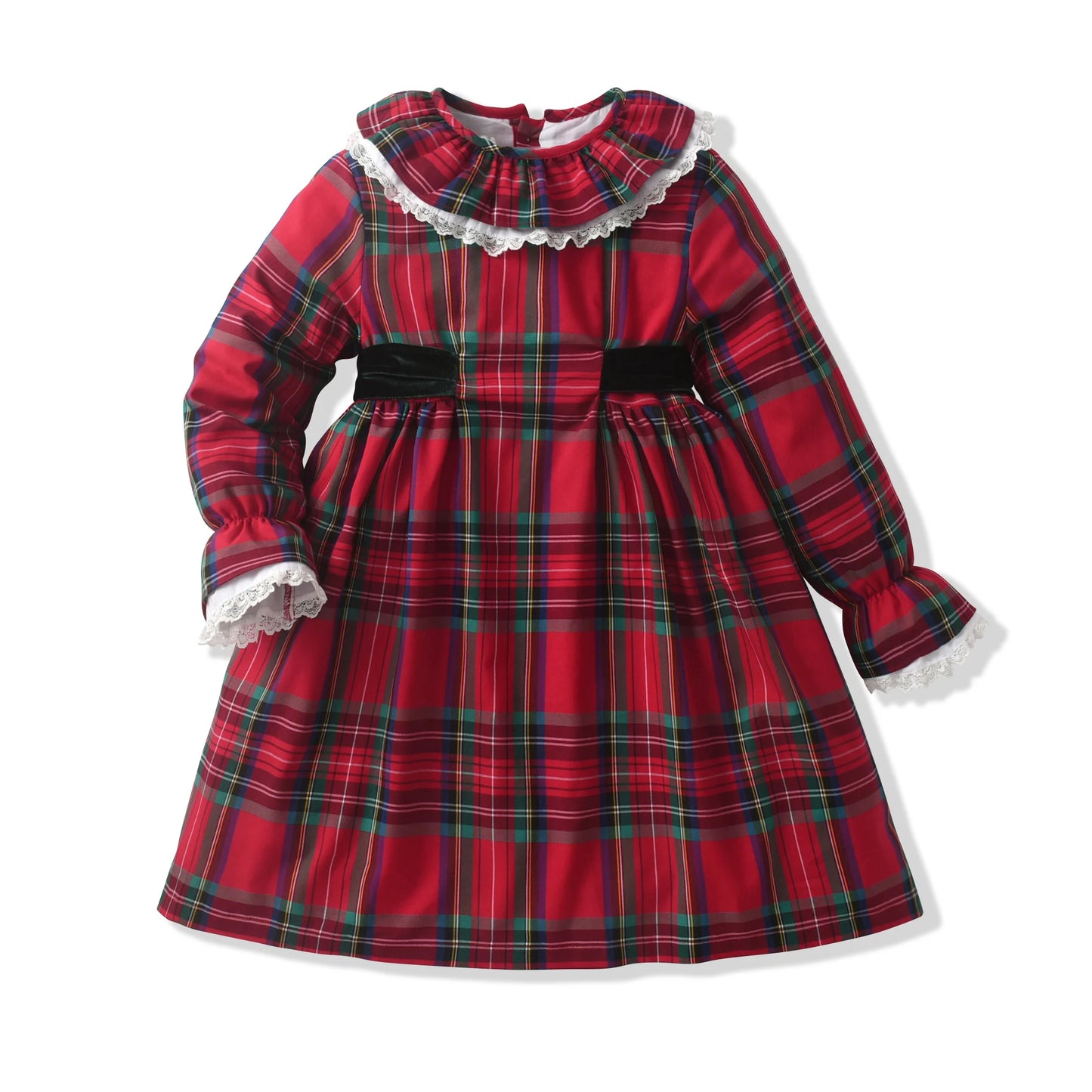 Girl's Holiday Tartan Princess Dress with Elegant Lace Design for Christmas Party