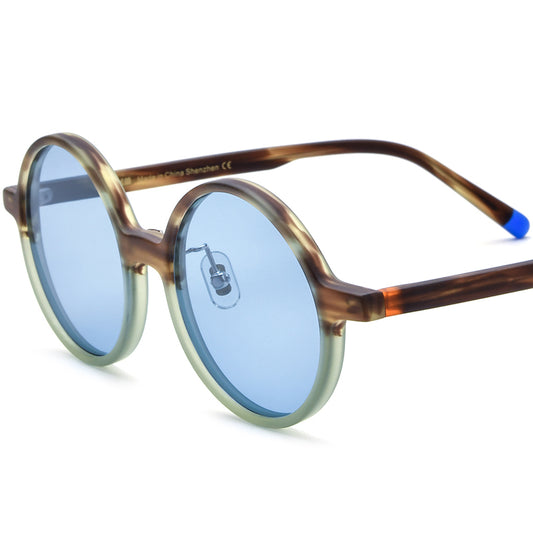 Vintage Multicolour Round Matte Acetate Polarized Sunglasses UV400 Gradient - Matte Transparent Green Blue Lens - MCROONS