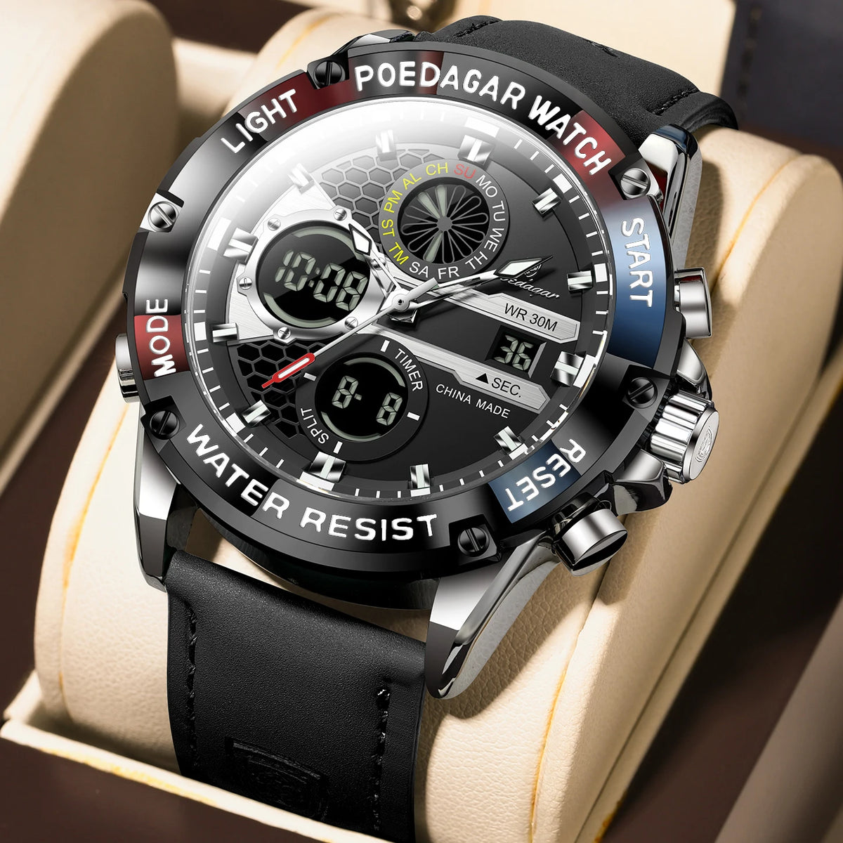 Poedagar E125 Men's Luxury Chronograph Quartz Watch – Genuine Leather Strap, Waterproof, Luminous, Date