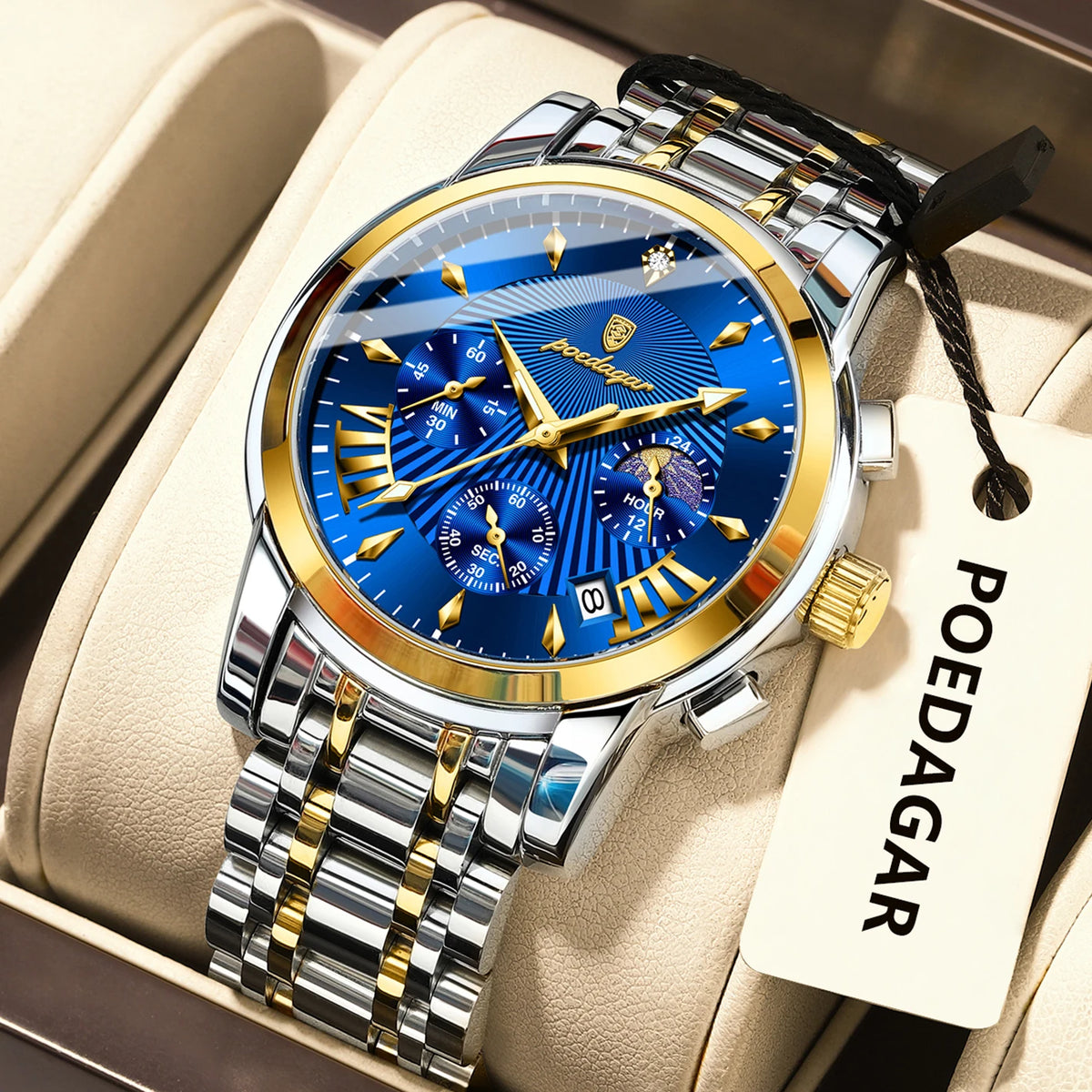 Poedagar 813 Men's Luxury Chronograph Quartz Watch – Stainless Steel Band, Waterproof, Luminous, Date