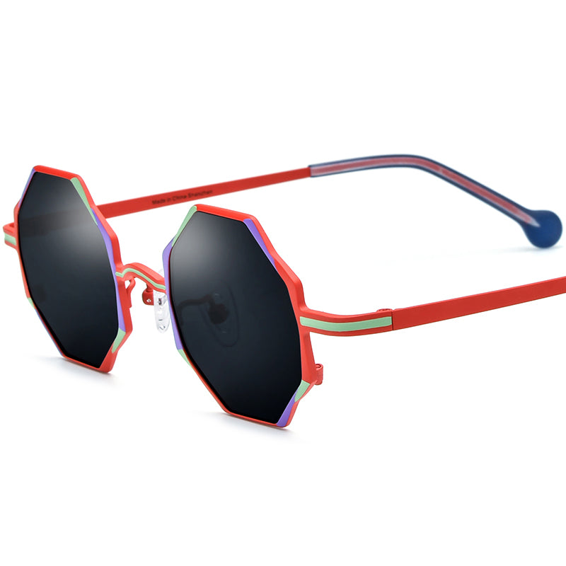 Colourful Titanium Octagon Sunglasses Polarized - Red Grey Lens - MCROONS