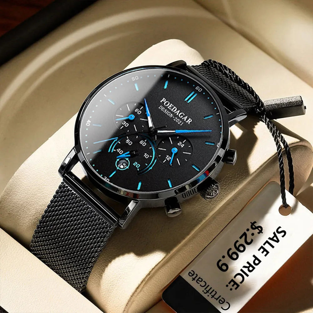 Poedagar 632 Men's Luxury Chronograph Quartz Watch – Stainless Steel Band, Waterproof, Luminous
