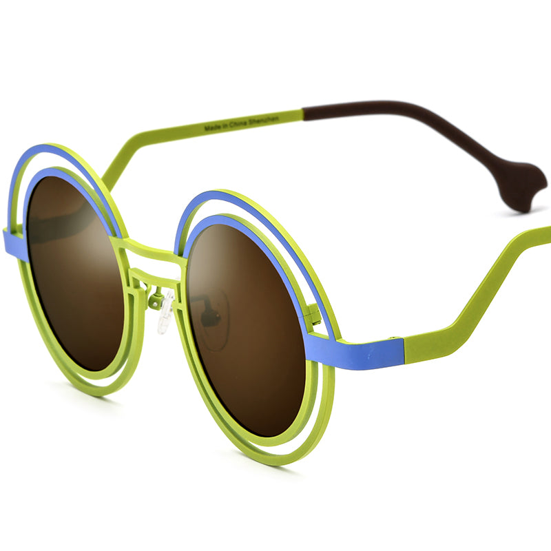Colourful Titanium Double-Ring Round Polarised Sunglasses - Blue Green Frame Brown Lens - MCROONS