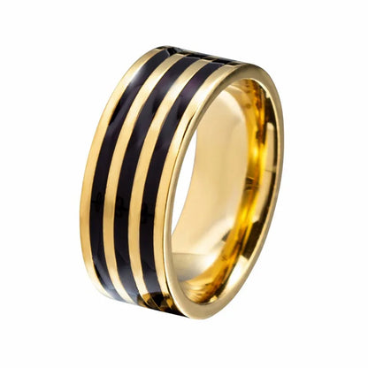 Stainless Steel 8Mm Wide Black Enamel Lines Men'S Ring Simple Fashion Gold Plated Color Ring Customized Man Jewelry Rings