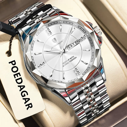 Poedagar 674 Men's Luxury Quartz Watch – Stainless Steel Band, Waterproof, Luminous, Date