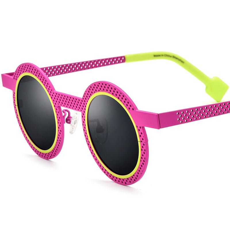 Colourful Titanium Hollow-Out Round Polarised Sunglasses - Pink Red - MCROONS