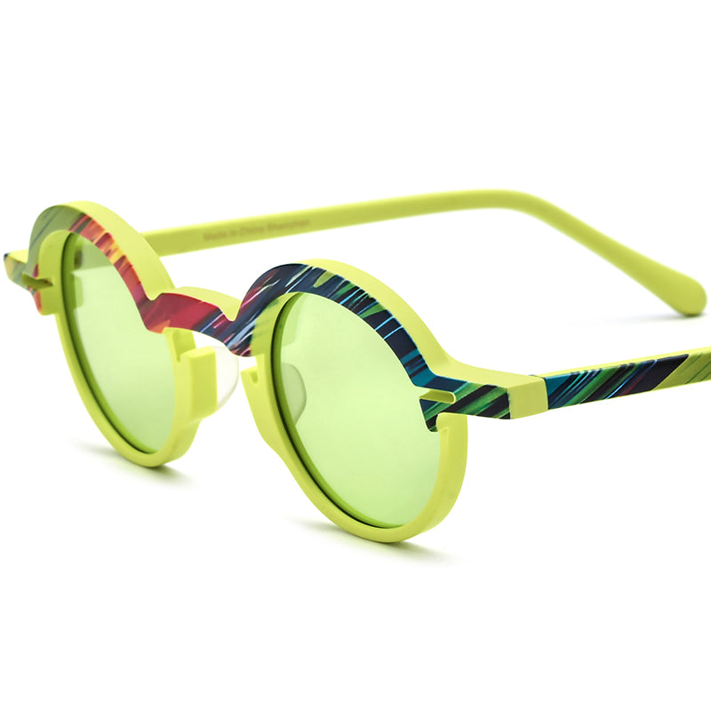 Retro Multicolour Round Matte Acetate Polarized Sunglasses UV400 - Yellow Green Lens - MCROONS