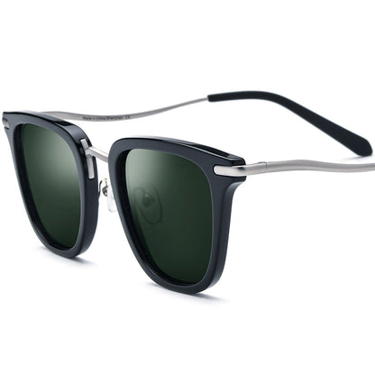 Polarised Acetate Titanium Square Sunglasses - Silver Dark Green Lens - MCROONS