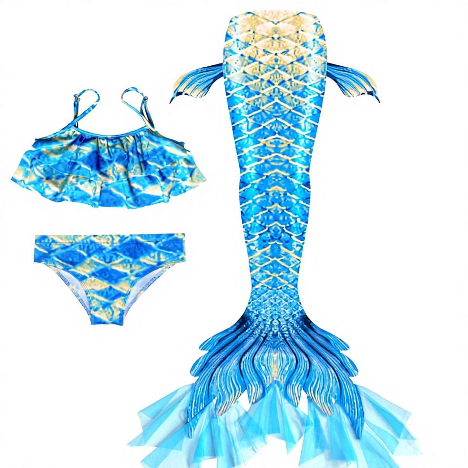 Girls' Ocean Princess Mermaid Swimsuit - Kids Halloween Cosplay Costume with Fish Tail