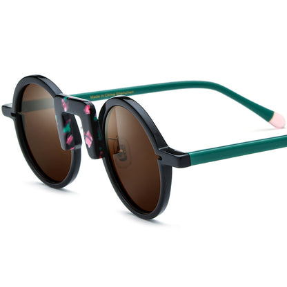 Acetate Round Polarized Sunglasses Vintage Mirrored - Black Green Brown Lens - MCROONS
