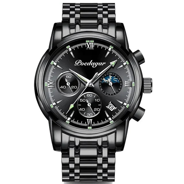 Poedagar 8058 Men's Luxury Quartz Watch – Stainless Steel Band, Waterproof, Luminous, Date