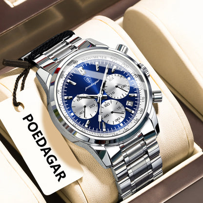 Poedagar 921 Men's Luxury Chronograph Quartz Watch – Stainless Steel Band, Waterproof, Luminous, Date