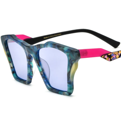 Retro Cat Eye Acetate Polarized Sunglasses - Blue Purple Lens - MCROONS