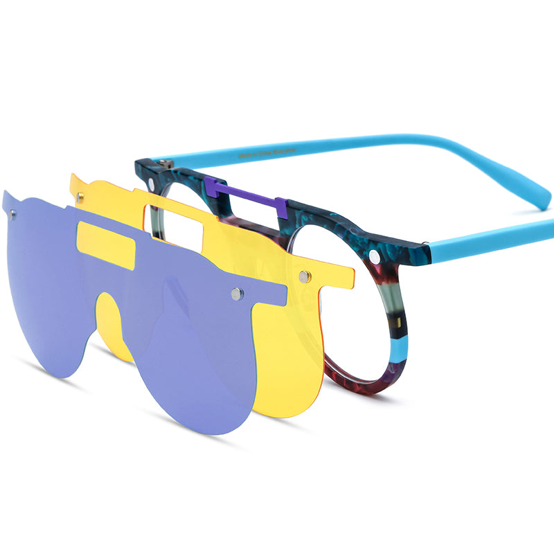 Round Acetate Optical Glasses Frame with Magnetic Clip-On Sunglasses - Green Purple - MCROONS