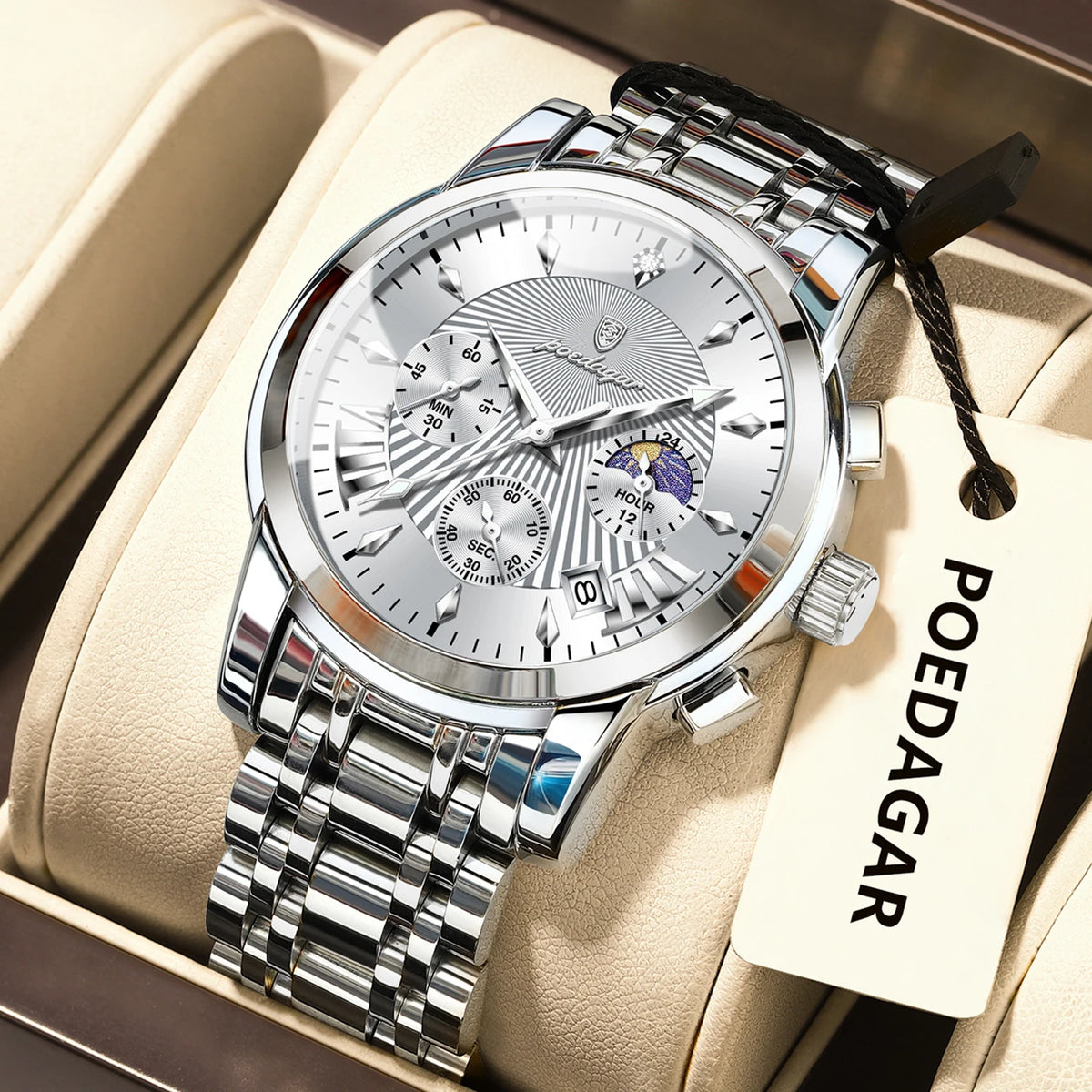 Poedagar 813 Men's Luxury Chronograph Quartz Watch – Stainless Steel Band, Waterproof, Luminous, Date