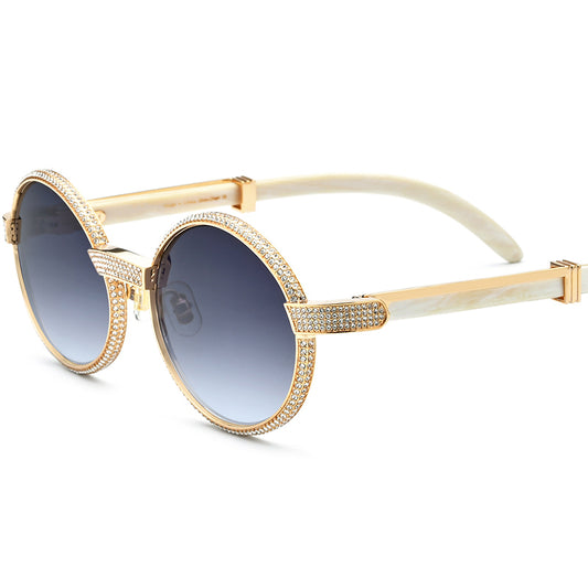 Luxury Diamante Round Sunglasses - White - MCROONS