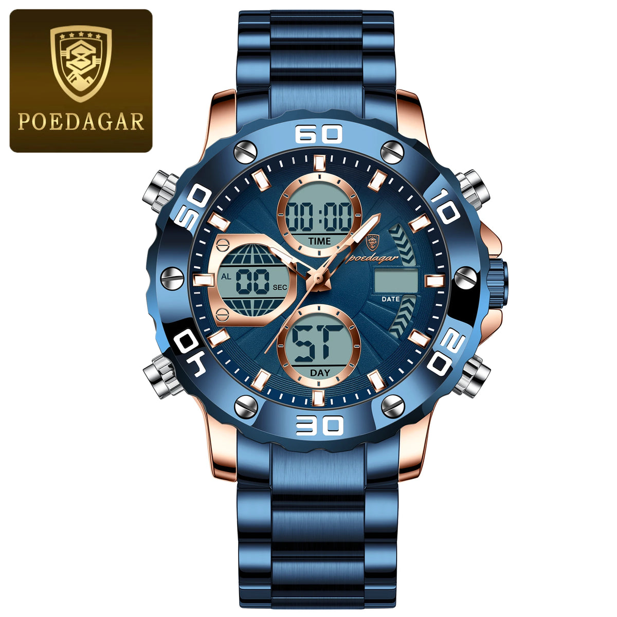 Poedagar E102 Men's Luxury Chronograph Quartz Watch – Stainless Steel Band, Waterproof, Luminous, Date