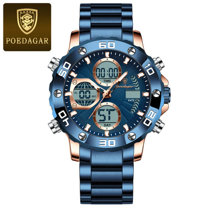 Poedagar E102 Men's Luxury Chronograph Quartz Watch – Stainless Steel Band, Waterproof, Luminous, Date