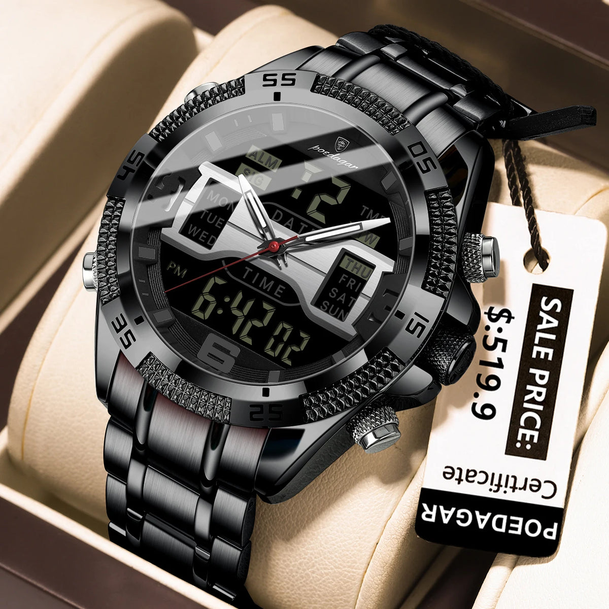 Poedagar E103 Men's Luxury Chronograph Digital Watch – Stainless Steel Band, Waterproof, Luminous, Date