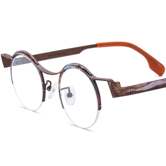 Titanium Semi-Rimless Round Optical Glasses Print - Brown Frame - MCROONS