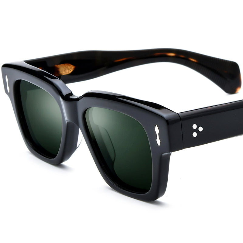 Vintage Square Acetate Polarized Mirrored Sunglasses UV400 - Black Leopard Dark Green Lens - MCROONS