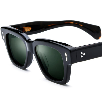 Vintage Square Acetate Polarized Mirrored Sunglasses UV400 - Black Leopard Dark Green Lens - MCROONS