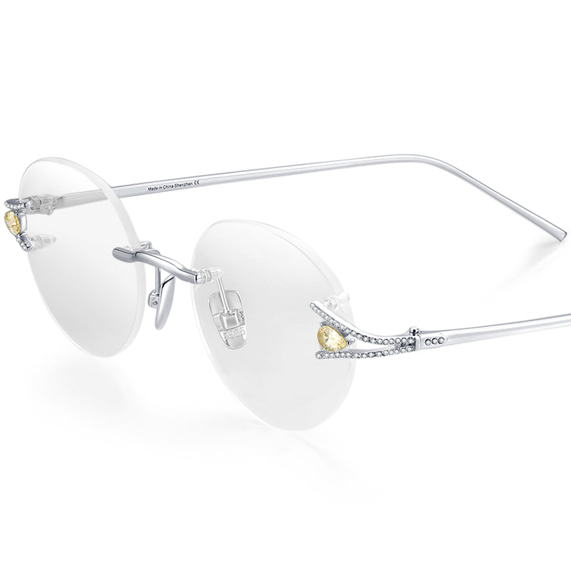 Sterling Silver Diamond Rimless Round Optical Glasses Frame - MCROONS - Yellow Silver