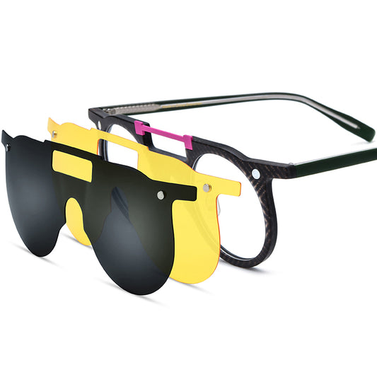 Round Acetate Optical Glasses Frame with Magnetic Clip-On Sunglasses - Stripe - MCROONS