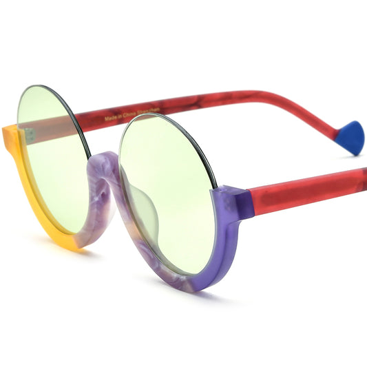 Retro Round Semi-Rimless Acetate Sunglasses - Yellow Purple Green Lens - MCROONS