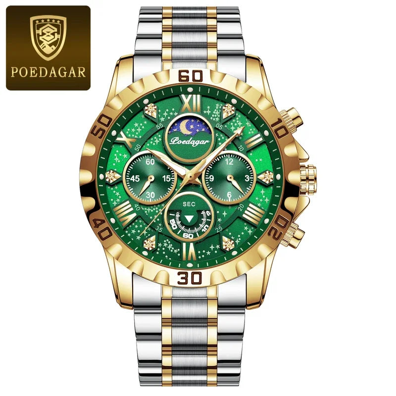 Poedagar 973 Men's Luxury Chronograph Quartz Watch – Stainless Steel Band, Waterproof, Luminous