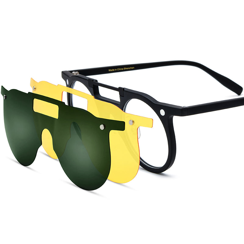 Round Acetate Optical Glasses Frame with Magnetic Clip-On Sunglasses - Black - MCROONS