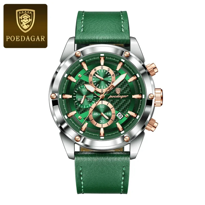 Poedagar 860 Men's Luxury Chronograph Quartz Watch – Leather Strap, Waterproof, Luminous, Date