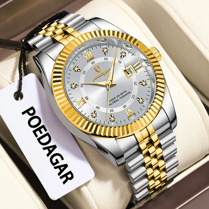 Poedagar 910 Men's Luxury Quartz Watch – Stainless Steel Band, Waterproof, Luminous, Date