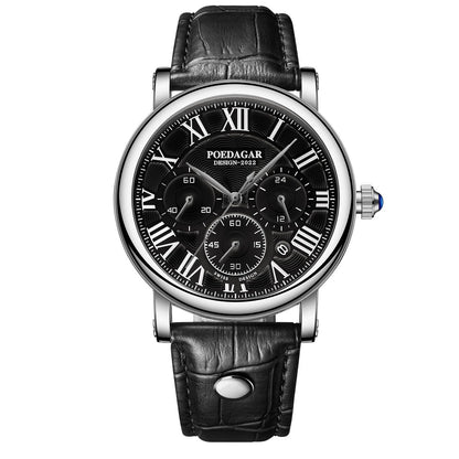 Poedagar 986 Men's Luxury Chronograph Quartz Watch – Leather Strap, Waterproof, Date