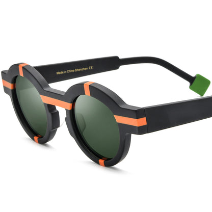 Vintage Colour-Block Round Polarized Sunglasses - Black Green Lens - MCROONS