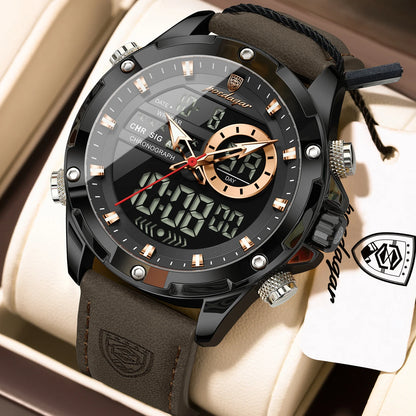 Poedagar E129 Men's Luxury Chronograph Quartz Watch – Leather Strap, Waterproof, Luminous, Date
