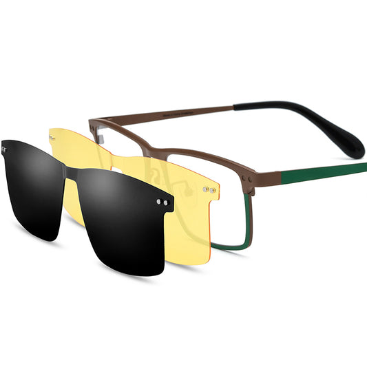 Titanium Rimless Optical Glasses Frame with Magnetic Clip-On Sunglasses - Brown Green - MCROONS