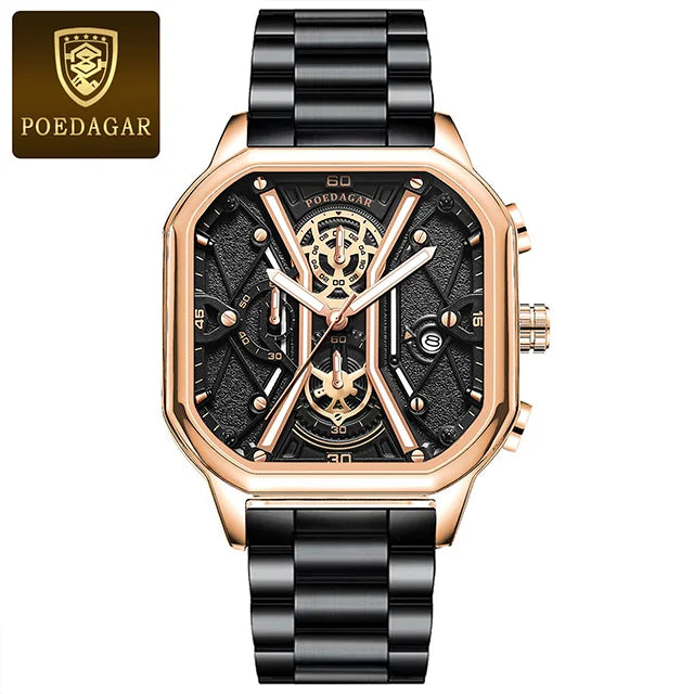 Poedagar 922 Men's Luxury Chronograph Quartz Watch – Leather Strap, Waterproof, Luminous, Date