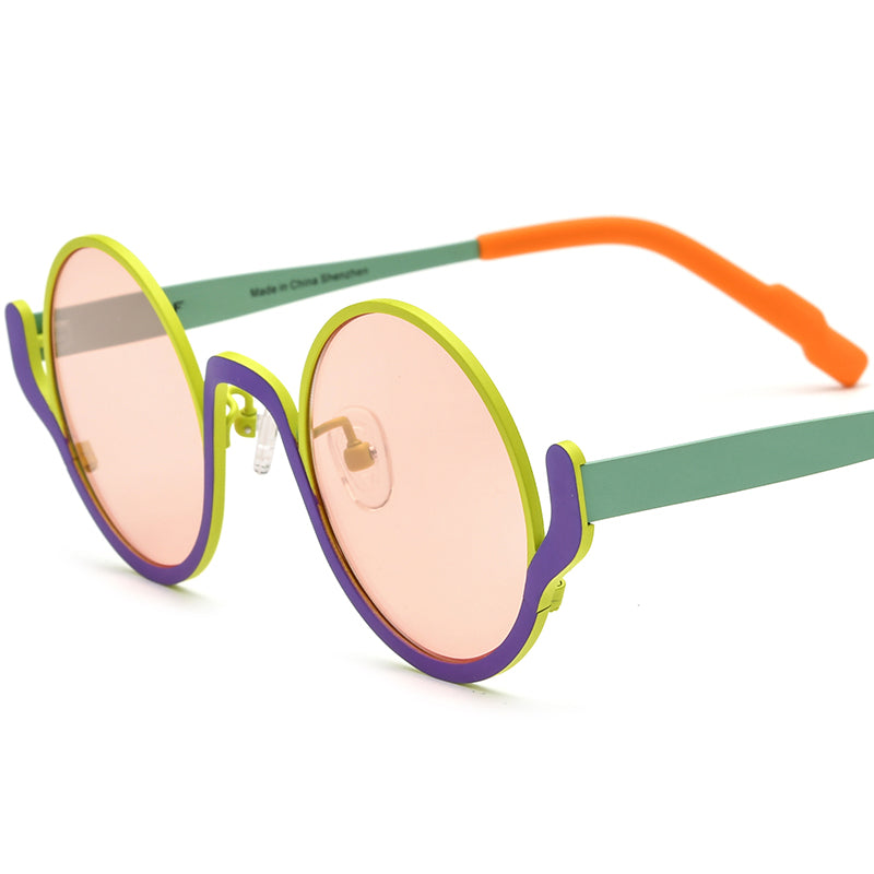 Colourful Titanium Round Polarised Sunglasses Vintage - Green Purple Frame Pink Lens - MCROONS